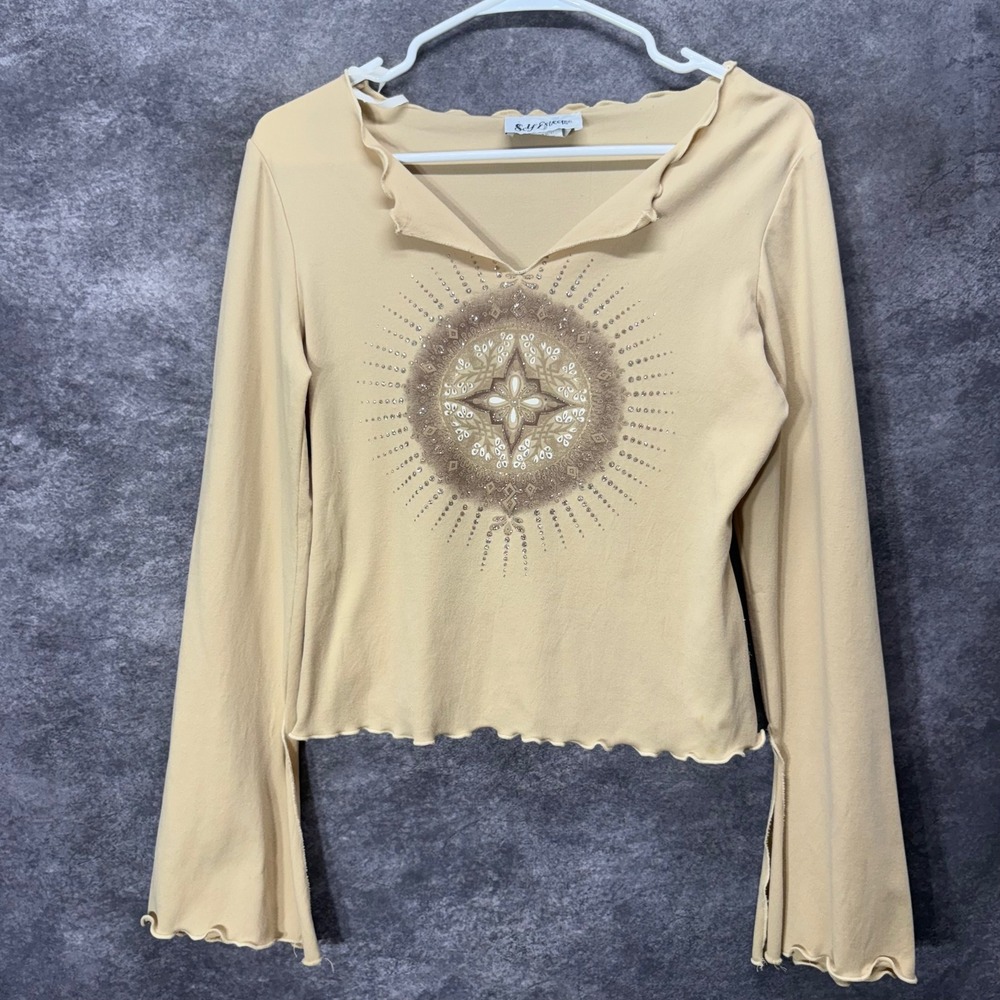 Y2K Self Esteem Medallion Graphic Bell Sleeve Fairy Top Size L Tan Lettuce Hem